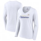 Women's Los Angeles Rams White Super Bowl LVI Champions Long Sleeves V Neck T-Shirt