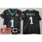 Women's Philadelphia Eagles #1 Jalen Hurts Limited Black C Patch Super Bowl LIX FUSE Vapor Jersey