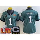 Women's Philadelphia Eagles #1 Jalen Hurts Limited Green C Patch Super Bowl LIX Vapor Jersey