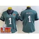 Women's Philadelphia Eagles #1 Jalen Hurts Limited Green Super Bowl LIX Vapor Jersey