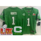 Women's Philadelphia Eagles #1 Jalen Hurts Limited Kelly Green C Patch Super Bowl LIX Vapor Jersey