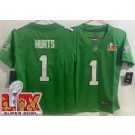 Women's Philadelphia Eagles #1 Jalen Hurts Limited Kelly Green Super Bowl LIX Vapor Jersey