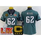 Women's Philadelphia Eagles #62 Jason Kelce Limited Green C Patch Super Bowl LIX Vapor Jersey