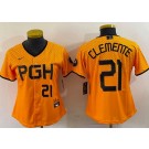 Women's Pittsburgh Pirates #21 Roberto Clemente Yellow 2023 City Connect Player Number Cool Base Jersey
