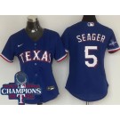 Women's Texas Rangers #5 Corey Seager Royal 2023 World Series Champions Cool Base Jersey