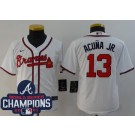 Youth Atlanta Braves #13 Ronald Acuna Jr White 2021 World Series Champions Cool Base Jersey