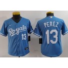 Youth Kansas City Royals #13 Salvador Perez Light Blue Player Number Team Logo Cool Base Jersey
