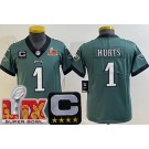 Youth Philadelphia Eagles #1 Jalen Hurts Limited Green C Patch Super Bowl LIX Vapor Jersey