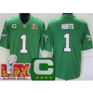 Youth Philadelphia Eagles #1 Jalen Hurts Limited Kelly Green C Patch Super Bowl LIX Vapor Jersey