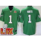 Youth Philadelphia Eagles #1 Jalen Hurts Limited Kelly Green Super Bowl LIX Vapor Jersey