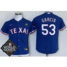 Youth Texas Rangers #53 Adolis Garcia Royal 2023 World Series Cool Base Jersey